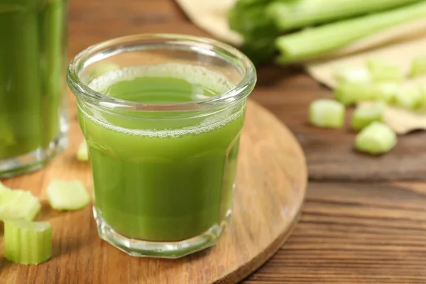 Glass Celery Juice Fresh Vegetables Wooden Table Closeup — Stock Photo, Image