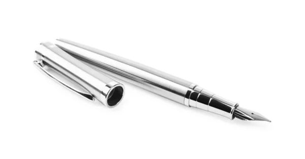 Stylish Silver Fountain Pen Isolated White — Stock Photo, Image