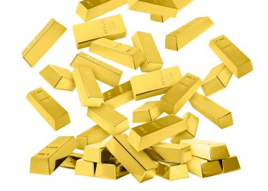 Beyaz arkaplana düşen birçok altın çubuk