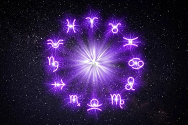 Τροχός Zodiac Δώδεκα Σημάδια Στο Έναστρο Ουρανό Φόντο Ωροσκοπική Αστρολογία — Φωτογραφία Αρχείου
