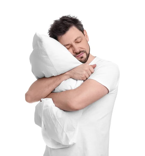 Κουρασμένος Άντρας Μαξιλάρι Λευκό Φόντο Πρόβλημα Αϋπνίας — Φωτογραφία Αρχείου