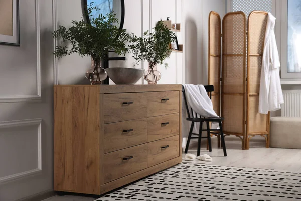 Modern Bathroom Interior Stylish Mirror Eucalyptus Branches Vessel Sink Wooden — Stockfoto