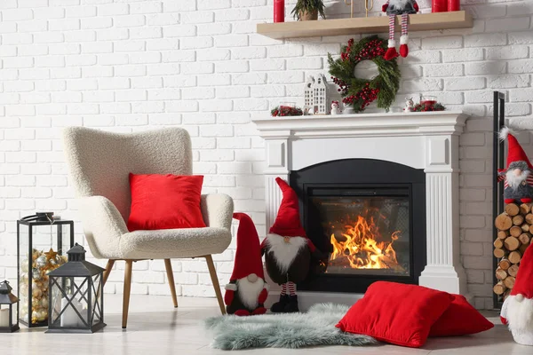 Beautiful Christmas Themed Photo Zone Armchair Fireplace Room — Stok fotoğraf
