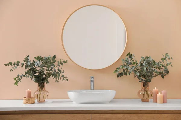 Stylish Mirror Eucalyptus Branches Vessel Sink Modern Bathroom Interior Design — Stock Fotó