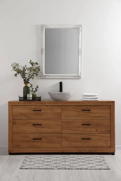 Modern Bathroom Interior Stylish Mirror Eucalyptus Branches Vessel Sink Wooden — Stockfoto