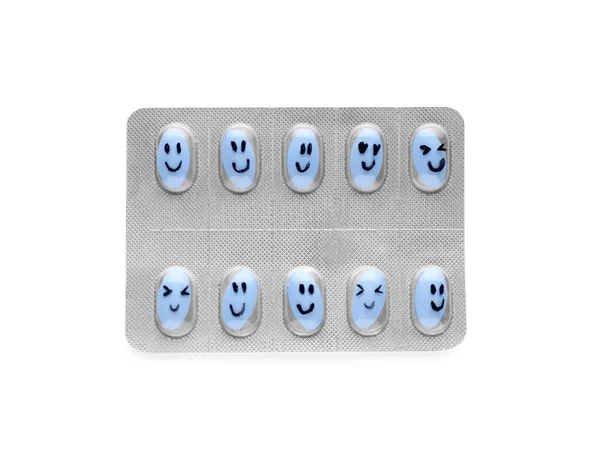 Blister Pillole Antidepressive Con Volti Emotivi Sfondo Bianco Vista Dall — Foto Stock