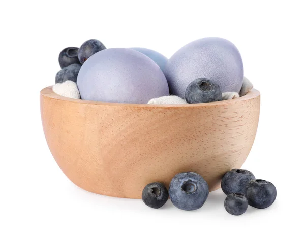 Colorful Easter Eggs Painted Natural Dye Fresh Blueberries White Background — Stock Photo, Image