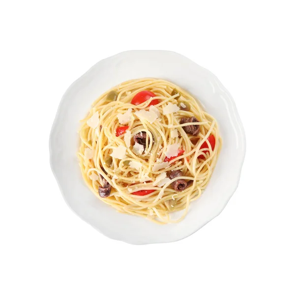 Piatto Deliziosa Pasta Con Acciughe Pomodori Parmigiano Isolato Bianco Vista — Foto Stock