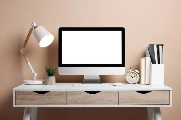 Cozy Workspace Computer Lamp Houseplant Stationery Wooden Desk — Stock Photo, Image