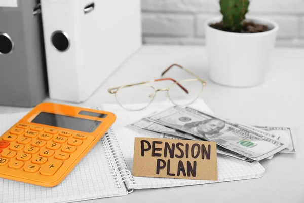 Card Phrase Pension Plan Dollar Banknotes Calculator Notebook White Office — Stock Photo, Image