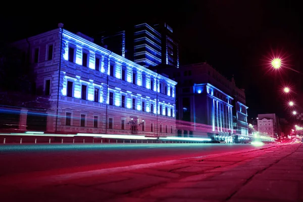 City Street Neon Lights Car Traffic Blur Motion Effect Modern — Stock Photo, Image