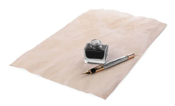 Inkwell Fountain Pen Parchment White Background Royalty Free Stock Photos