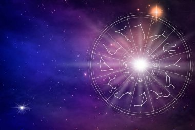 Zodiac wheel with twelve signs on starry sky background, space for text. Horoscopic astrology clipart