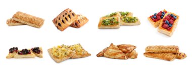 Beyaz arka planda lezzetli poğaçalı kolaj