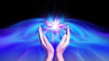 Aura phenomena. Woman with flows of energy making beautiful pattern between her hands against black background, closeup clipart