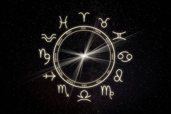 星空の背景に12の兆候を持つゾディアックホイール ホロスコープ占星術 — ストック写真