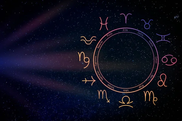 Koło Zodiaku Dwunastoma Znakami Gwiaździstym Tle Nieba Miejsce Tekst Astrologia — Zdjęcie stockowe