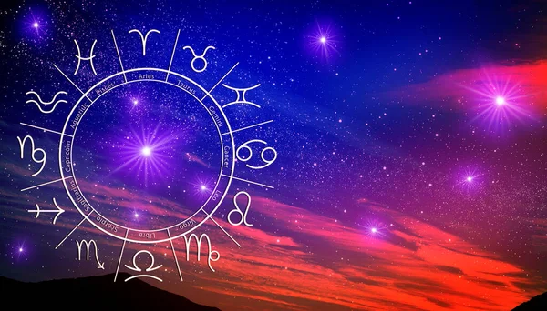Roda Zodíaco Com Doze Sinais Fundo Céu Estrelado Espaço Para — Fotografia de Stock