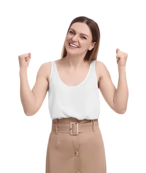 Mooie Emotionele Zakenvrouw Poseren Witte Achtergrond — Stockfoto