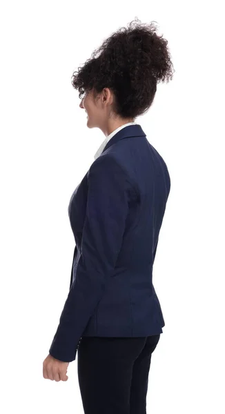 Ung Affärskvinna Kostym Står Vit Bakgrund — Stockfoto