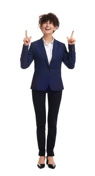 Όμορφη Επιχειρηματίας Κοστούμι Δείχνει Τους Αντίχειρες Επάνω Στο Λευκό Φόντο — Φωτογραφία Αρχείου
