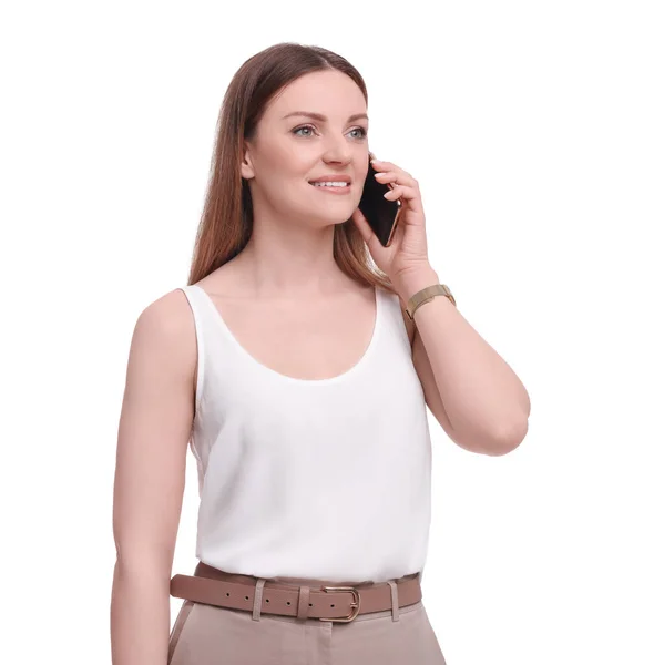 Krásná Podnikatelka Mluví Smartphone Proti Bílému Pozadí — Stock fotografie