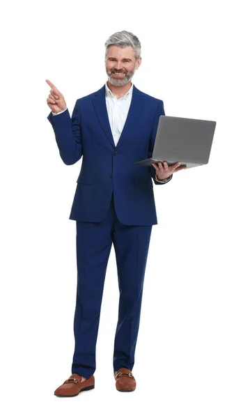 Mature Businessman Stylish Clothes Laptop White Background — Stock Photo, Image