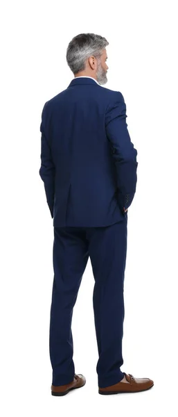 Reifer Geschäftsmann Stilvoller Kleidung Posiert Auf Weißem Hintergrund Rückseite — Stockfoto