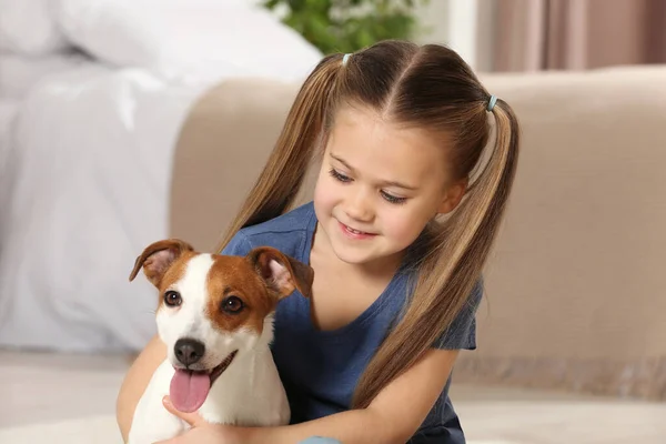 Cute Girl Her Dog Home Adorable Pet — Stock Photo, Image