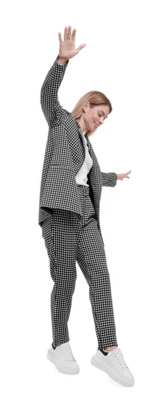 Vacker Glad Affärskvinna Kostym Promenader Vit Bakgrund — Stockfoto