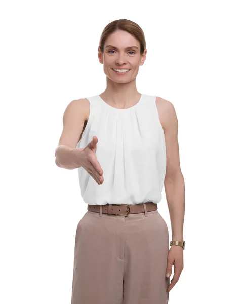 Piękny Szczęśliwy Bizneswoman Dając Uścisk Dłoni Białym Tle — Zdjęcie stockowe