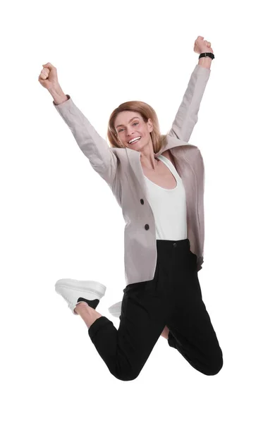 漂亮而快乐的女商人跳在白色的背景上 — 图库照片