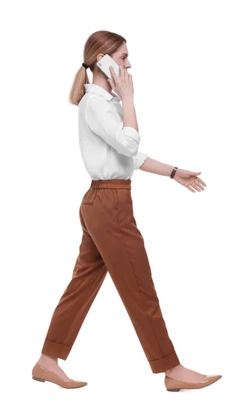 Beautiful Businesswoman Talking Smartphone While Walking White Background — Stock Photo, Image