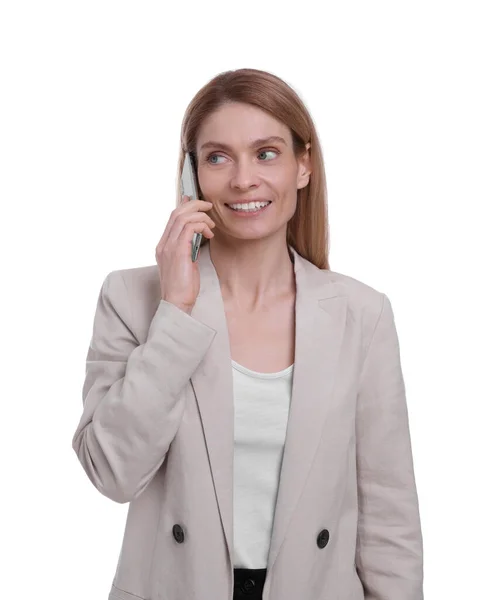 Schöne Glückliche Geschäftsfrau Spricht Auf Smartphone Vor Weißem Hintergrund — Stockfoto