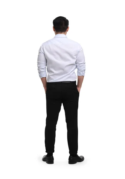 Бизнесмен Формальной Одежде Белом Фоне Вид Сзади — стоковое фото