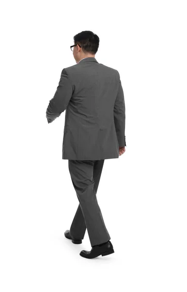 Geschäftsmann Anzug Läuft Auf Weißem Hintergrund Rückseite — Stockfoto