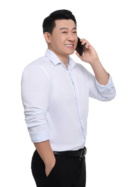 Üzletember Formális Ruhák Beszél Telefonon Fehér Háttér — Stock Fotó