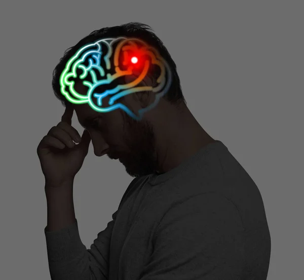 Амнезія Продуманий Чоловік Ілюстрацією Мозку Сірому Фоні — стокове фото