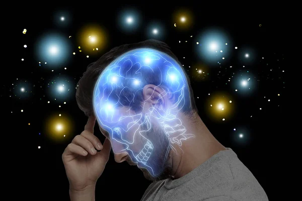 Людина Ілюстрацією Мозку Чорному Тлі — стокове фото