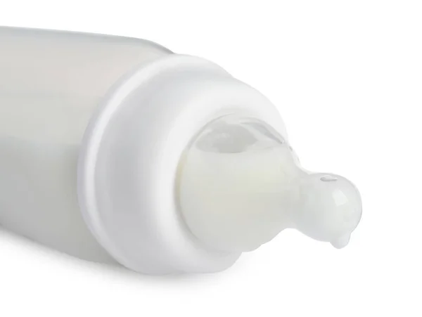 Una Bottiglia Alimentazione Con Latte Artificiale Sfondo Bianco Primo Piano — Foto Stock