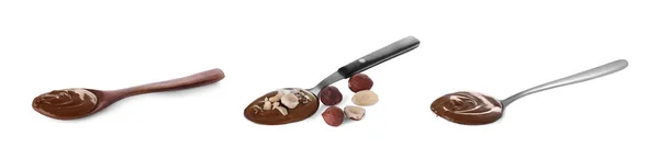 白色背景的勺子和榛子中美味的巧克力糊 拼贴设计 — 图库照片