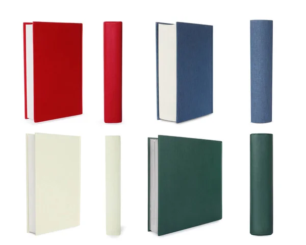 白い背景にハードカバーの本とコラージュ 異なる側面 — ストック写真