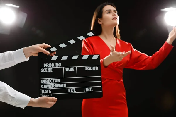 Emotional Actress Performing While Second Assistant Camera Holding Clapperboard Stage — Stock Photo, Image