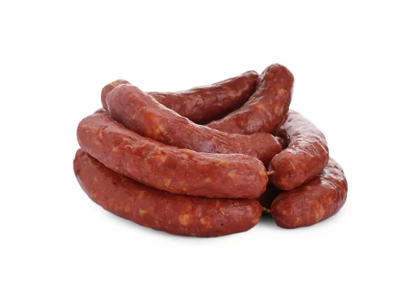 Many Fresh Raw Sausages Isolated White Meat Product — Stock Photo, Image