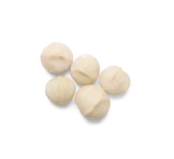 Deliciosas Nueces Macadamia Sin Cáscara Aisladas Blanco Vista Superior —  Fotos de Stock