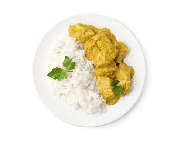 Köstlicher Reis Und Huhn Mit Currysoße Isoliert Auf Weiß Von — Stockfoto