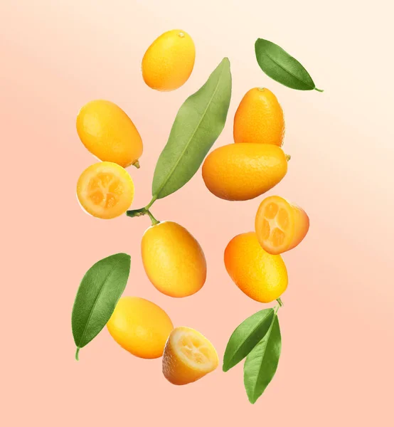 Köstliche Frische Kumquats Und Grüne Blätter Fallen Auf Blassrosa Hintergrund — Stockfoto