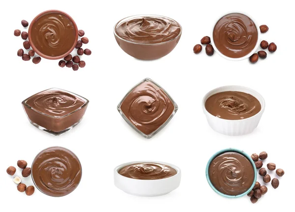 Yummy chocolate paste in bowls and hazelnuts on white background, collage design