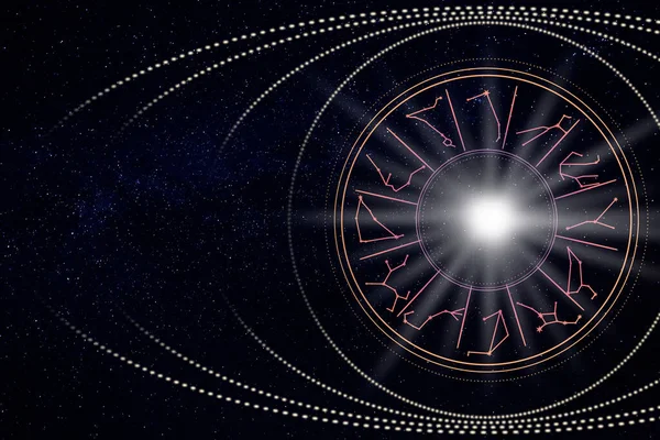 星空の背景に12の兆候を持つ星座ホイール テキストのためのスペース ホロスコープ占星術 — ストック写真