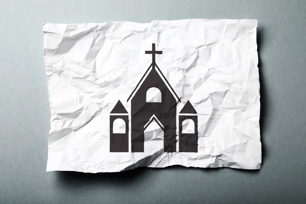 Crumpled Paper Illustration Church Grey Background Top View — Stock Photo, Image